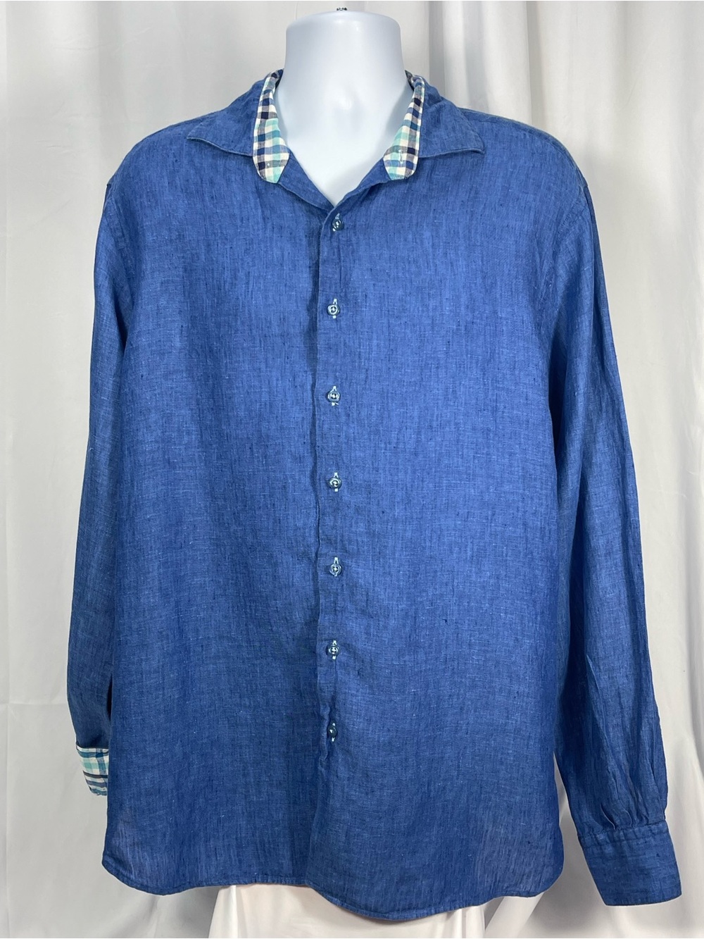 Hammer Made Denim Blue Button-Up Linen Shirt, Plaid Accents. Lightweight casual